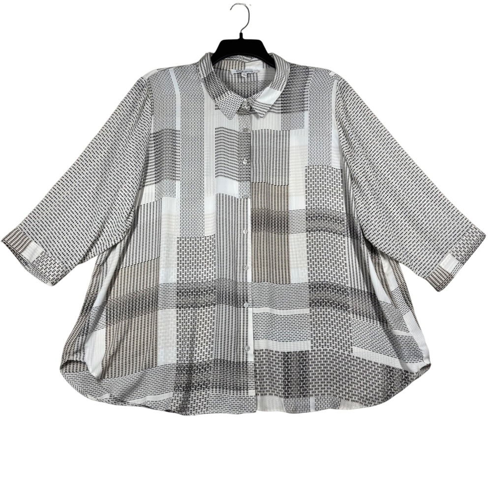 Rose + Olive Button Down Blouse Women's 3X Geometric Neutral Office Casual Loose